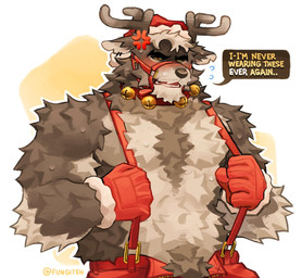 5_fingers anthro antlers black_eyebrows black_nose brown_body brown_fur brown_pubes christmas_clothing christmas_headwear clothed clothed_anthro clothed_male clothing eyebrows facial_hair fingers fur gloves handwear hat headgear headwear holidays horn humanoid_hands male multicolored_body multicolored_fur pubes red_clothing red_gloves red_handwear santa_hat solo suspenders tan_body tan_fur thick_eyebrows two_tone_body two_tone_fur fungiteh christmas deer mammal new_world_deer reindeer
