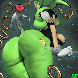 anthro big_butt biped black_clothing bottomless breasts butt butt_slap clothed clothing female gloves green_body green_hair hair handwear simple_background slap thick_thighs namespace idw_publishing sega sonic_the_hedgehog_(comics) sonic_the_hedgehog_(idw) sonic_the_hedgehog_(series) surge_the_tenrec afrosoricid mammal tenrec 1:1 absurd_res hi_res