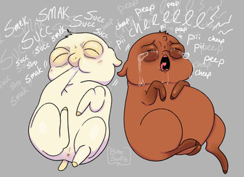 1_horn animal_noises anus blush bodily_fluids brown_body brown_fur chirping crying drooling duo eyes_closed female female_feral feral fur genitals grey_background gums happy horn lying neonate on_back onomatopoeia open_mouth saliva simple_background small_horn small_tail sound_effects sucking swollen_eye tail tears text tongue toothless_mouth upset vulva white_body white_fur white_text x_anus young young_female young_feral bittersouffle fluffy_pony mythology equid equine fluffy_pony_(species) mammal mythological_creature mythological_equine unicorn 2026 artist_name cel_shading digital_media_(artwork) english_text shaded