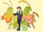 aevris ambiguous_gender bayleef biped brown_hair chikorita clothed clothing elemental_creature eyebrows feral flora_fauna generation_2_pokemon group hair human male mammal meganium nintendo open_mouth open_smile plant pokemon pokemon_(species) quadruped size_difference smile
