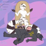 ambiguous_gender breasts claws duo female finger_claws pawpads pink_pawpads simple_background sitting toe_claws andy_234 family_guy_death_pose canid canine canis mammal procyonid raccoon wolf 1:1 absurd_res hi_res meme