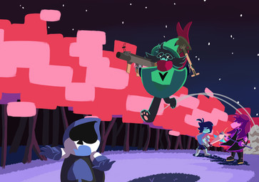 action_pose ambiguous_gender anthro axe black_body black_fur clothing ferocious fur green_clothing green_robe group holding_axe holding_melee_weapon holding_object holding_ranged_weapon holding_rocket_launcher holding_shovel holding_sword holding_tool holding_weapon imminent_pain market_gardener melee_weapon neutral_expression open_mouth pawpads pose ranged_weapon robe rocket_jump rocket_launcher running_away scared shovel sky star starry_sky surprised sword tools weapon keego deltarune team_fortress_2 undertale_(series) valve valve_corporation kris_dreemurr lancer_(deltarune) ralsei susie_(deltarune) bovid caprine darkner goat human lightner mammal reptile scalie 2023 crossover digital_drawing_(artwork) digital_media_(artwork) english_description hi_res female_(lore) male_(lore)