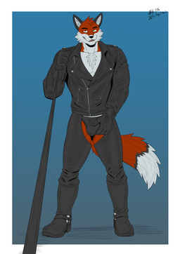 anthro boots chaps clothing dominant dominant_male footwear gloves hand_on_bulge handwear jacket jockstrap leash leash_pull leashed_viewer leather leather_boots leather_clothing leather_daddy leather_footwear leather_jacket leather_jockstrap leather_topwear leather_underwear male shoes solo topwear underwear topgearae86turbo canid canine fox mammal absurd_res hi_res