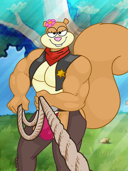 anthro big_bulge biped brown_body brown_fur buckteeth bulge chaps clothed clothed_anthro clothed_male clothing crossgender detailed_bulge ftm_crossgender fur male male_anthro multicolored_body multicolored_fur muscular muscular_anthro muscular_male pink_clothing pink_underwear plant red_scarf rope scarf sheriff_badge solo tail tan_body tan_fur teeth tree two_tone_body two_tone_fur underwear dracojeff nickelodeon spongebob_squarepants sandy_cheeks mammal rodent sciurid tree_squirrel 2022 3:4