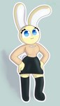 anthro black_bottomwear black_clothing black_skirt blue_eyes bottomwear breasts cleavage cleavage_cutout clothed clothing cutout eyelashes female fluffy fluffy_tail fur hands_on_hips knee_highs legwear long_ears long_sleeves looking_at_viewer outline simple_background skirt smile solo tail white_body white_fur white_outline yellow_body yellow_fur guak amy_hope_(guak) humanoid lagomorph leporid mammal rabbit 4:7 absurd_res hi_res