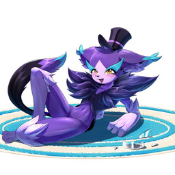 ambiguous_gender anthro blush broken_cup clothing fur hat headgear headwear midriff open_mouth purple_body purple_fur rug solo tail top_hat giant_land_turtle_(artist) domestic_cat felid feline felis mammal 1:1 2026 hi_res