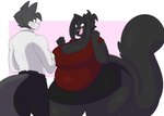 5_fingers anthro belly big_belly big_breasts black_body black_bottomwear black_clothing black_fur black_hair black_pants black_skirt bottomwear breasts businesswear cleavage clothed clothing duo female fingers fur grey_body grey_fur grey_hair hair happy huge_thighs looking_at_another male open_mouth open_smile overweight overweight_anthro overweight_female pants pencil_skirt red_clothing red_topwear shirt simple_background skirt smile standing thick_thighs topwear white_clothing white_shirt white_topwear wide_hips yellow_eyes dewwydarts allyson_(dewwydarts) dew_(dewwydarts) canid canine canis domestic_cat felid feline felis mammal wolf 2022 hi_res