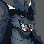 anthro big_fangs black_body black_ears black_fur blue_body blue_fur blue_inner_ear blue_inner_ear_fluff blue_scales fangs forked_tongue front_view fur glistening glistening_eyes grey_background inner_ear_fluff male markings no_sclera pupils purple_eyes scales sharp_teeth simple_background slit_pupils solo teeth tongue tuft white_markings imperatorcaesar fallout microsoft dion_(myriad) night_stalker_(fallout) 1:1