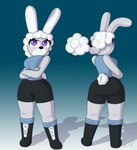 anthro big_breasts boots bottomwear breasts clothing female fluffy fluffy_hair fluffy_tail footwear front_view fur grey_body grey_fur hair ponytail purple_eyes rear_view shoes shorts simple_background solo tail thick_thighs white_body white_fur wide_hips guak ashely_winters_(guak) humanoid lagomorph leporid mammal rabbit absurd_res hi_res model_sheet