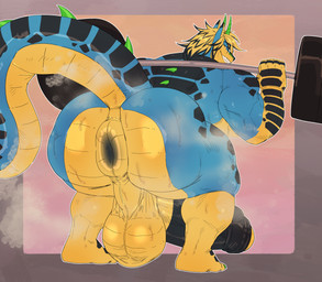 anthro anus balls big_balls big_butt big_penis black_hair blonde_hair blue_body bodily_fluids butt crouching exercise foreskin genitals grinding hair horn huge_balls huge_butt huge_penis hyper hyper_balls hyper_butt hyper_genitalia hyper_penis male multicolored_body muscular muscular_anthro muscular_male musk penis puffy_anus saggy_balls scales solo steam sweat sweatdrop sweaty_body sweaty_butt sweaty_legs sweaty_thighs weightlifting workout ghangaji mythology adam_the_wolf canid canine canis dragon hybrid mammal mythological_creature mythological_scalie scalie wolf hi_res