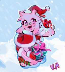 anthro blush candy candy_cane cape christmas_clothing christmas_headwear clothing costume cute_fangs dessert eyewear fangs femboy food fur gift glasses gloves handwear hat head_tuft headgear headwear holidays horn male pink_body pink_eyes pink_fur pink_horn red_clothing santa_costume santa_hat snow solo teeth tuft v_rawr christmas deltarune undertale_(series) ralsei bovid caprine darkner goat mammal signature