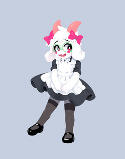 2_horns anthro apron black_clothing black_dress black_footwear black_shoes blush clothed clothed_anthro clothing crossdressing dress eyewear floppy_ears footwear fur glasses green_eyewear green_glasses horn lop_ears maid_uniform male pink_bow pink_horn shoes simple_background solo uniform white_apron white_body white_clothing white_fur aamakuruu deltarune undertale_(series) ralsei bovid caprine goat mammal