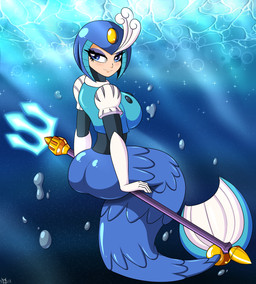 armor big_breasts breasts bubble butt clothing female headgear helmet looking_at_viewer machine not_furry sitting solo split_form underwater water novaspark capcom mega_man_(series) megaman_(classic) mermay splash_woman aquatic humanoid merfolk robot digital_media_(artwork) hi_res
