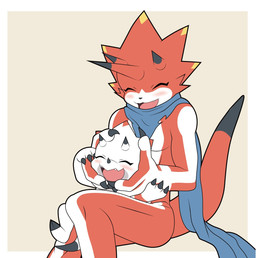 abs anthro blush claws duo evolutionary_family eyes_closed kerchief male neckerchief neckwear red_body scarf size_difference smile tmdduq6918 bandai_namco digimon betelgammamon digimon_(species) gammamon scalie hi_res brother_(lore) brothers_(lore) sibling_(lore)