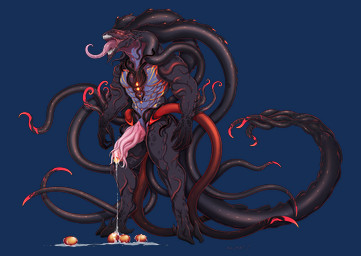 3_toes 4_eyes anthro arm_tentacle black_body black_scales black_skin black_tentacles bodily_fluids claws dripping egg feet genital_fluids genitals glowing glowing_egg glowing_eyes glowing_markings head_tentacle leaking_precum long_tentacles long_tongue male markings multi_eye muscular muscular_anthro muscular_male open_mouth orange_egg ovipositor penis pink_penis precum precum_drip pseudo_hair purple_body purple_skin red_eyes red_spikes red_tentacles saliva saliva_on_tongue scales sharp_teeth solo spiked_tentacles spikes spikes_(anatomy) teeth tentacle_hair tentacles toes tongue unusual_anatomy unusual_genitalia unusual_penis akuma_tlt fan_character alien eldritch_abomination eldritch_being monster tentacle_creature alpha_channel hi_res