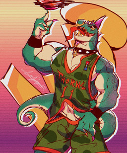 anthro ball basketball_(ball) basketball_uniform biceps bottomwear clothed clothing collar facial_piercing green_body green_bottomwear green_clothing green_scales green_shirt green_shorts green_topwear head_spikes looking_at_viewer male mouth_piercing multicolored_claws muscular muscular_anthro muscular_male neck_piercing nose_piercing pecs piercing purple_spikes roarball_(ball) scales shirt shorts solo spikes spikes_(anatomy) spinning_ball sportswear studded_collar studs tail tongue tongue_out tongue_piercing topwear uniform yellow_sclera liondangerous goat_(movie) sony_corporation sony_pictures modo_olachenko komodo_dragon lizard monitor_lizard reptile scalie 2026 digital_media_(artwork) film_grain