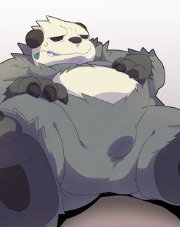 bodily_fluids bulge featureless_crotch leaf male null null_bulge overweight overweight_male simple_background slightly_chubby solo spread_legs spreading sweat white_background shirosaru nintendo pokemon bear generation_6_pokemon mammal pangoro pokemon_(species)