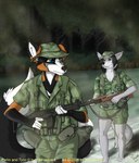 blue_eyes bottomwear camo clothing detailed_background duo fn_fal front_view gun hat headgear headwear hunting military ranged_weapon rifle shorts three-quarter_view war weapon rowanzero canid canine canis coyote fox mammal 2020 absurd_res digital_media_(artwork) hi_res signature