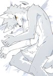 anthro black_nose fur grey_body grey_fur head_tuft humanoid_hands looking_at_viewer lying male navel nude on_side screentone simple_background solo tail tuft white_background white_body white_fur yellow_eyes rukdrg canid canine mammal 2023 digital_drawing_(artwork) digital_media_(artwork) hi_res shaded