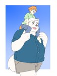 anthro belly big_belly bottomwear carrying_another clothing duo humanoid_hands kemono male overweight overweight_male pants piggyback shirt shorts simple_background topwear walking inunoshippo canid canine canis domestic_dog mammal 2024 3:4 hi_res