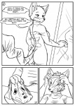 anthro black_and_white blush breasts butt canid canine clothing comic costume english_text female fox generation_1_pokemon ketsueki_(character) latex mammal monochrome nintendo pikachu pikachu_onesie pokemon pokemon_(species) pokemon_costume rodent s-nina side_boob solo tail text