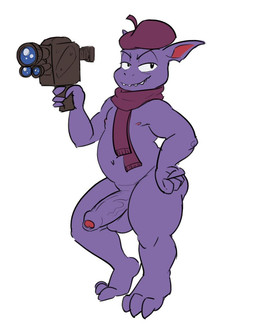 3_toes 4_fingers balls barefoot belly beret biped black_eyes camera claws clothing erection eye_bags eyebrows fangs feet fingers foreskin genitals glans half-closed_eyes hand_on_hip hat headgear headwear holding_object humanoid_genitalia humanoid_penis humanoid_pointy_ears looking_aside looking_at_viewer male male_humanoid monotone_body mostly_nude narrowed_eyes naughty_face navel nipples not_furry notched_ear partially_retracted_foreskin penis plantigrade pointy_ears purple_body purple_clothing purple_hat purple_headwear purple_scarf raised_arm raised_heel red_glans red_inner_ear red_nipples sassy scarf sharp_teeth simple_background slightly_chubby smile solo standing technology teeth thick_thighs toe_claws toes vein veiny_penis video_camera white_background yellowdog mediagoblin gavroche goblin humanoid colored colored_sketch digital_drawing_(artwork) digital_media_(artwork) hi_res sketch