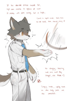 5_fingers accessory adolescent anthro arm_tuft badge belt black_belt blue_necktie blush blush_lines bottomwear cane clenched_teeth clothed clothed_anthro clothed_male clothing corporal_punishment countershading elbow_tuft eyebrows fingers fur gloves_(marking) grey_body grey_fur impact_lines male markings motion_blur motion_lines necktie offscreen_character pain pants pawpads raised_inner_eyebrows school_uniform shirt simple_background solo submissive submissive_male submissive_young teeth text topwear tuft uniform white_background white_bottomwear white_clothing white_pants white_shirt white_topwear yellow_eyes young young_anthro young_male laggy_(artist) kyle_(laggy) canid canine canis coyote mammal 2025 absurd_res english_text hi_res