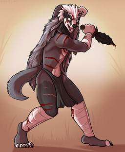 anthro bandage blood bodily_fluids bottomwear claws clothing dagger empty_eyes fighting_pose fur grey_body grey_fur grey_hair hair jewelry loincloth long_hair male markings melee_weapon necklace open_mouth pose scar solo teeth tongue warrior weapon white_body white_fur white_hair royalty_(artist) badger mammal mustelid musteline 2015
