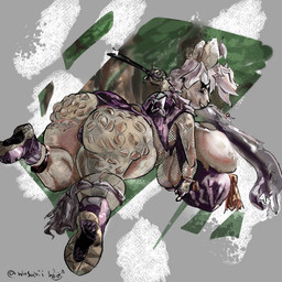 anthro big_breasts big_butt breasts butt clothing female hair huge_breasts huge_butt huge_thighs hyper hyper_breasts ninja solo thick_thighs torn_clothing warrior white_hair wasabiiitornado lagomorph mammal 1:1