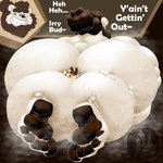 antennae_(anatomy) anthro beard belly big_butt blush bodily_fluids butt clothing dialogue dot_eyes duo eyewear facial_hair feet fur glasses hair highlights_(coloring) huge_butt humanoid_feet hyper hyper_butt male male/male micro musk nude obese obese_anthro obese_male overweight overweight_anthro overweight_male plantigrade ponytail sideburns simple_background simple_eyes size_difference smile smirk smothering smug smug_face smug_grin sweat white_body white_fur wings yellow_body fujiyama_samoyed bumble_beans_(fujiyamasamoyed) pea_soup arthropod bear bee bumble_bee_(species) canid canine hybrid hymenopteran insect mammal polar_bear raccoon_dog tanuki ursine 1:1 hi_res shaded soft_shading watermark
