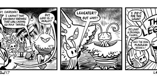 2_horns 3_panel_comic ambiguous_gender antennae_(anatomy) biped black_arms black_eyes black_legs black_text cloak closed_smile clothed clothing dialogue exclamation_point eyes_closed eyewear fur gesture glasses group hand_gesture horn looking_at_another melee_weapon mouth_closed nail_(weapon) open_mouth open_smile pointing pointing_at_another question_mark sitting smile speech_bubble standing street_lamp talking_to_another text tongue weapon weapon_on_back p5ych hollow_knight_(franchise) team_cherry bretta_(hollow_knight) cornifer_(hollow_knight) elderbug_(hollow_knight) hornet_(hollow_knight) iselda_(hollow_knight) leg_eater_(hollow_knight) quirrel_(hollow_knight) radiance_(hollow_knight) the_knight_(hollow_knight) zote_(hollow_knight) arthropod beetle insect lepidopteran moth vessel_(species) artist_name comic english_text monochrome female_(lore) half_sister_(lore) male_(lore) sibling_(lore) sister_(lore)