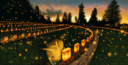 ambiguous_gender bodily_fluids cemetery crying detailed_background feral flower fur lamp lantern paper_lantern plant sad scar solo sunset tail tears tree wood yellow_body yellow_fur abe_(guriguragurigura) nintendo pokemon generation_1_pokemon mammal pikachu pokemon_(species) rodent
