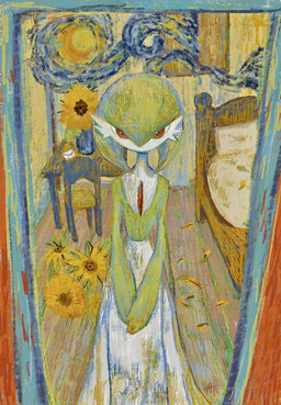 ambiguous_gender bed chair chest_spike clothing desk dress flower furniture green_body green_hair hair letter looking_at_viewer mirror mirror_reflection plant pseudo_clothing red_eyes reflection slim solo spikes spikes_(anatomy) table white_body white_clothing white_dress 0pao nintendo pokemon gardevoir generation_3_pokemon humanoid pokemon_(species) hi_res painting_(artwork) signature traditional_media_(artwork) traditional_painting_(artwork) traditional_watercolor_(artwork) watercolor_(artwork)