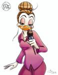 anthro beak biped blonde_hair bottomwear brown_eyes clothed clothing electronics female fully_clothed hair long_hair looking_at_viewer makeup microphone pants shirt solo standing topwear white_body white_skin mariooscargabriele disney lyla_lay anatid anseriform avian bird duck 2015 hi_res