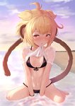 5_fingers amber_eyes antenna_hair beach bikini black_bikini black_clothing black_swimwear blonde_hair blush bracelet breasts brown_ears brown_tail clothed clothing clothing_in_mouth clothing_lift cloud feet female female_humanoid fingers glistening glistening_eyes hair half-closed_eyes jewelry kneeling long_tail looking_at_viewer narrowed_eyes navel sand seaside shirt shirt_in_mouth shirt_lift short_hair sky small_breasts solo swimwear tail toes topwear translucent translucent_clothing two-piece_swimsuit water wet wet_clothing wet_shirt wet_topwear white_clothing white_shirt white_topwear kimblee_(artist) cygames granblue_fantasy andira_(granblue_fantasy) animal_humanoid erune humanoid mammal mammal_humanoid monkey_humanoid primate primate_humanoid 2020 digital_media_(artwork) full-length_portrait hi_res portrait