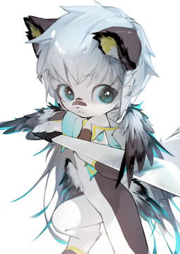 ambiguous_gender anthro big_eyes black_body black_ears black_feathers blue_eyes blue_pawpads facial_markings feathers feet hair head_markings inner_ear_fluff jewelry markings melee_weapon necklace necklace_only neckwear nude pawpads raised_tail simple_background solo standing sword tail tuft weapon white_body white_hair wings ketchup_coke 2025 absurd_res hi_res