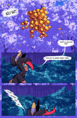 4_eyes black_clothing black_eyebrows black_hair black_shirt black_t-shirt black_topwear blue_eyes clothing dark_body dark_skin day dialogue exclamation_point eyebrows eyelashes falling foraging forest forest_background hair hair_bun highlights_(coloring) horn male motion_lines multi_eye nature nature_background oblivious open_mouth pitfall_trap plant purple_leaves red_highlights shirt shrub solo speech_bubble t-shirt text topwear tree yellow_berry cuchuflin nintendo pokemon andre_(cuchuflin) animal_humanoid arachnid arachnid_humanoid ariados arthropod arthropod_humanoid generation_2_pokemon humanoid pokemon_(species) spider_humanoid absurd_res comic english_text hi_res