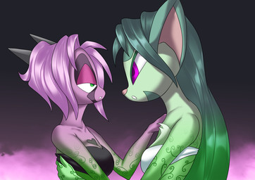 anthro bedroom_eyes bikini bra breasts cleavage clothed clothing corruption duo eye_contact female fur gas green_body green_eyes green_fur green_hair hair half-closed_eyes heart_symbol light long_hair looking_at_another markings narrowed_eyes plant plant_transformation purple_body purple_eyes purple_hair purple_skin seductive short_hair simple_background swimwear transformation two-piece_swimsuit underwear white_body white_fur haryudanto dreamkeepers lilith_calah namah_calah domestic_cat elemental_creature felid feline felis flora_fauna mammal unknown_species story story_in_description sibling_(lore) sister_(lore) sisters_(lore)