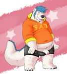 anthro belly black_nose blue_hair blush bulge clothing genitals hair hoodie humanoid_hands male overweight overweight_male penis solo text text_on_clothing text_on_hoodie text_on_topwear tongue tongue_out topwear underwear white_body kronexfire fat_hoodie meme_clothing bear mammal 2015 absurd_res hi_res meme