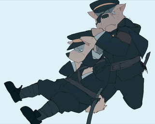 anthro belt black_boots black_bottomwear black_clothing black_footwear black_topwear blue_background boots bottomwear brown_body brown_fur chokehold clothed clothing duo eye_patch eyewear fight footwear fur hat headgear headlock headwear male male/male male_anthro military military_uniform pants sheathed_weapon shirt shoes simple_background stealth strangling topwear uniform weapon gku canid canine canis domestic_dog mammal 2011 absurd_res hi_res