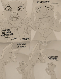 anthro belly big_belly big_breasts bottomwear breasts clothing dialogue eyes_closed female group huge_belly huge_breasts inflation male necktie open_mouth shirt teeth text topwear trio tube drakemohkami disney zootopia judy_hopps nick_wilde ambiguous_species canid canine european_rabbit fox lagomorph leporid mammal oryctolagus rabbit red_fox true_fox 2022 comic digital_media_(artwork) english_text hi_res monochrome