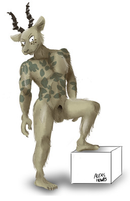 animal_genitalia anthro balls eye_spots fully_sheathed genitals horn male nude sheath solo tattoo aleks_howes beastars melon_(beastars) antelope bovid felid gazelle hybrid leopard mammal pantherine hi_res