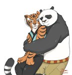 anthro bear_hug bottomwear clothed clothing duo female fur hug hugging_another hugging_from_behind male male/female one_eye_closed orange_body shorts simple_background smile standing striped_body stripes tail topless topless_anthro topless_male topwear zzommie dreamworks kung_fu_panda master_po_ping master_tigress bear felid giant_panda mammal pantherine tiger digital_media_(artwork)