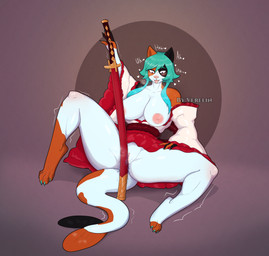 ahegao ambiguous_fluids anthro asian_clothing clothing east_asian_clothing female fish_tail happy japanese_clothing katana kimono looking_pleasured lying masturbation melee_weapon object_insertion on_back solo spread_legs spreading sword weapon verelin amur_carp carp cyprinid cypriniform felid feline fish hybrid koi mammal marine typical_carp 2025 hi_res