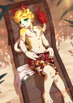 anthro athletic athletic_male blonde_hair blush bottomwear clothed clothing front_view fur glistening glistening_eyes green_eyes hair lying male muscular muscular_young narrowed_eyes navel on_back pants pattern_bottomwear pattern_clothing pattern_pants red_bottomwear red_clothing red_pants solo tail tail_tuft topless tuft white_body white_fur yellow_body yellow_fur young young_anthro papayafurry species_request 2022 dated hi_res signature