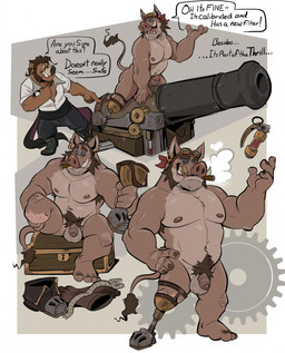alternative_fashion anthro armpit_hair artificer balls board bodily_fluids body_hair bulge cannon casual_nudity cigar clothed clothed/nude clothing discarded_clothing duo ear_piercing ear_ring erection facial_hair flaccid foreskin fully_clothed genitals gold_(metal) gold_tooth hairy_balls happy_trail humanoid_genitalia humanoid_penis looking_at_viewer male mechanic missing_leg muscular muscular_anthro muscular_male nipples nude pecs penis piercing prosthetic prosthetic_leg prosthetic_limb pubes raised_arm ranged_weapon ring_piercing sideburns sitting_on_cannon smoking smoking_cigar solo steampunk straddling sweat sweaty_armpit text tusks weapon dead_stray_bear dungeons_and_dragons hasbro wizards_of_the_coast boyear_tiptree raider_(dead_stray_bear) bear hybrid mammal english_text full-length_portrait hi_res multiple_images portrait