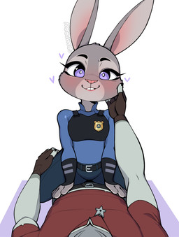anthro blue_clothing buckteeth clothed clothed_anthro clothed_female clothing cupping_cheek duo eyebrows female female_anthro female_on_top heart_reaction heart_symbol long_ears male male/female male_anthro on_top pink_nose police police_badge police_officer police_uniform purple_eyes straddling teeth uniform gramdraw disney zootopia judy_hopps european_rabbit lagomorph leporid mammal oryctolagus rabbit 2025 absurd_res alternate_version_at_paywall digital_media_(artwork) hi_res