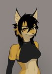 amber_eyes anthro black_hair female fur hair midriff navel smile solo yellow_body yellow_fur conditional_dnp latex_(artist) alyx_(latex) felid feline mammal 2020 digital_media_(artwork)