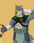 anthro blue_hair bottomwear clothing dark_nipples eye_patch eyewear fur hair loincloth male pecs raised_arm scarf shovel soft_abs solo tan_body tan_fur tools marimo1007day anothereidos_of_dragon_vein_r orta_(anothereidos_r) canid canine canis mammal wolf 4:5 absurd_res hi_res