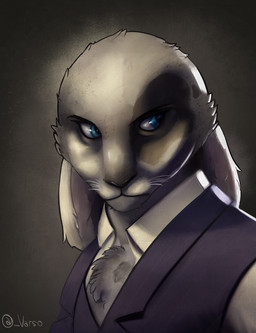 anthro blue_eyes classy clothing fur male markings solo spots spotted_body spotted_fur suit varso hare lagomorph leporid mammal absurd_res hi_res portrait